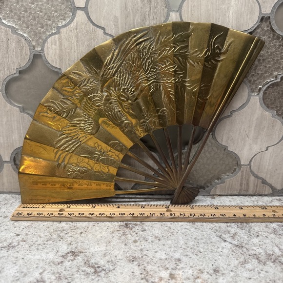 Other - Vintage Fan Soild Brass Oriental Phoenix Dragon Decor Patina 7" Taiwan